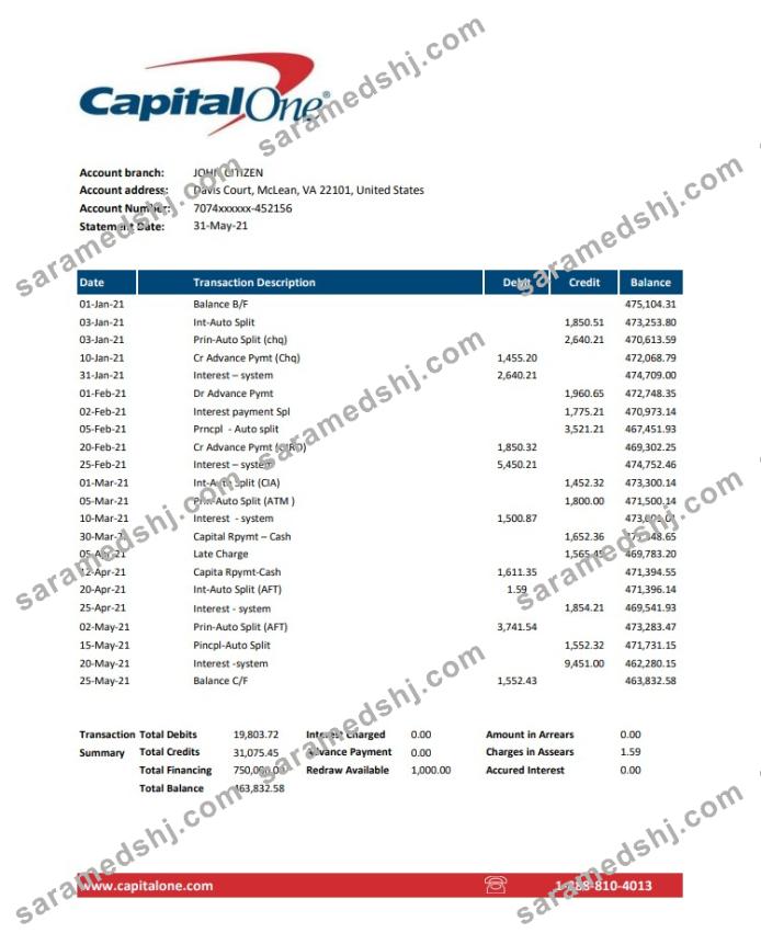 USA Capital One bank statement easy to fill template in Excel and PDF format